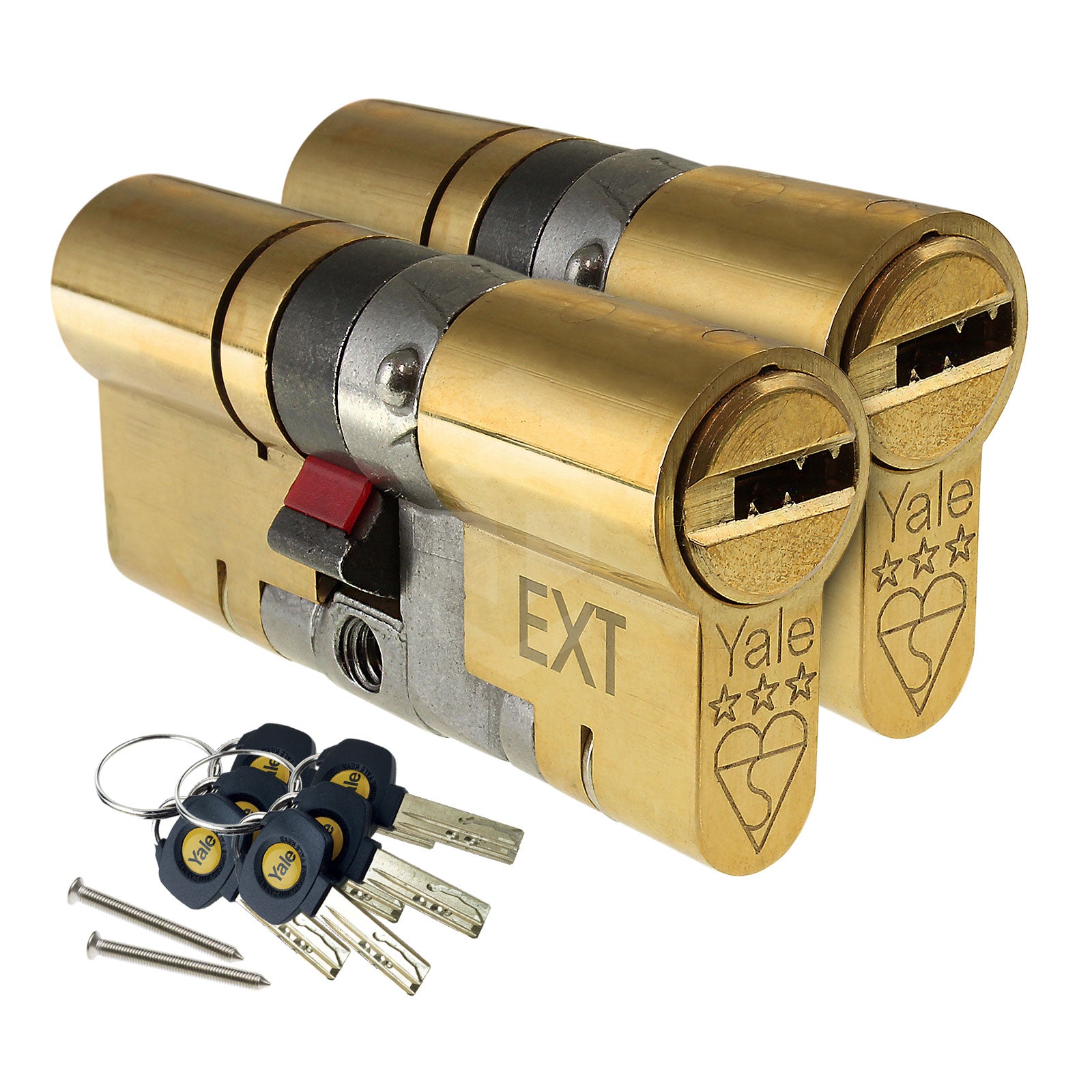 Brass 50/50 (100mm) Pair of Yale Platinum 3 Star Keyed-Alike Euro Cylinder Security Door Locks - 55/45 (100mm), Brass