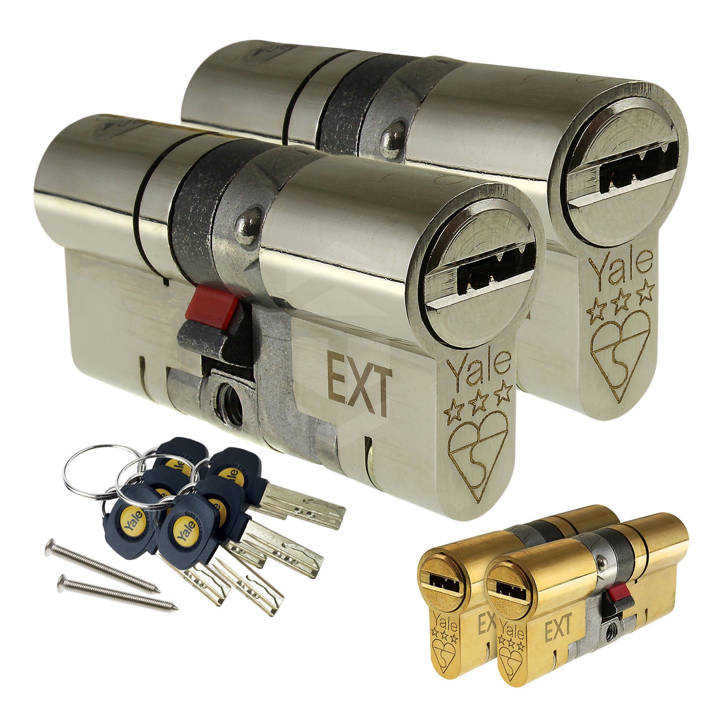 Brass 35/35 (70mm) Pair of Yale Platinum 3 Star Keyed-Alike Euro Cylinder Security Door Locks - 55/45 (100mm), Brass