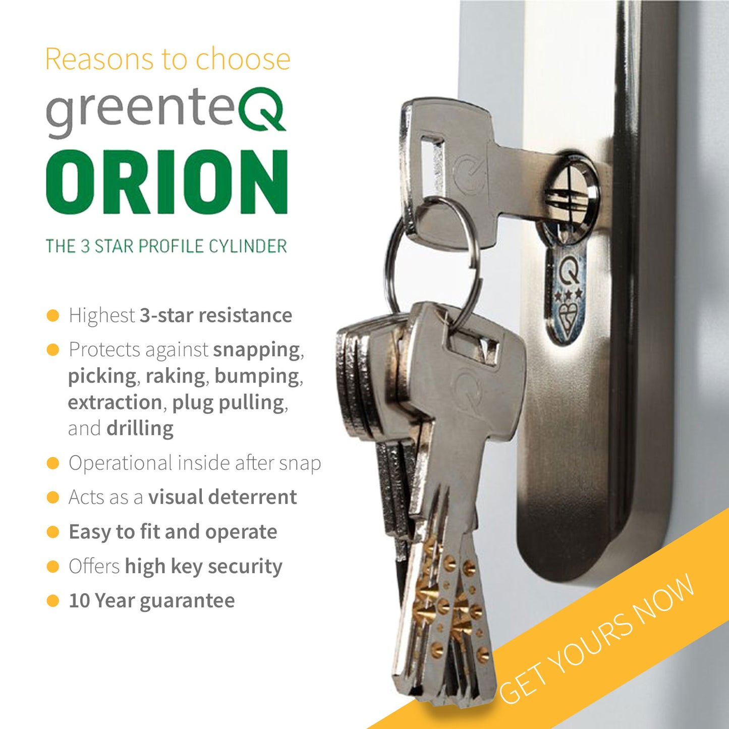 Features and benefits of fitting GreenteQ Orion Anti-Snap Euro Cylinder GreenteQ Orion TS007 3 Star Anti-Snap Euro Cylinder