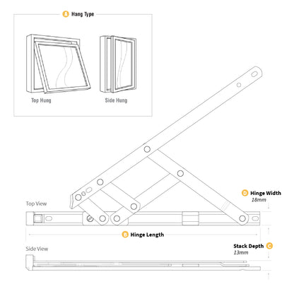 12" Side Hung Defender Window Friction Hinge 12" Side Hung Defender Window Friction Hinge