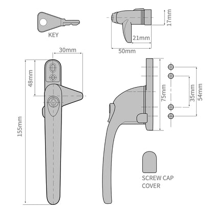 Satin Silver Right White Universal Cockspur Window Handle Key Locking Latch