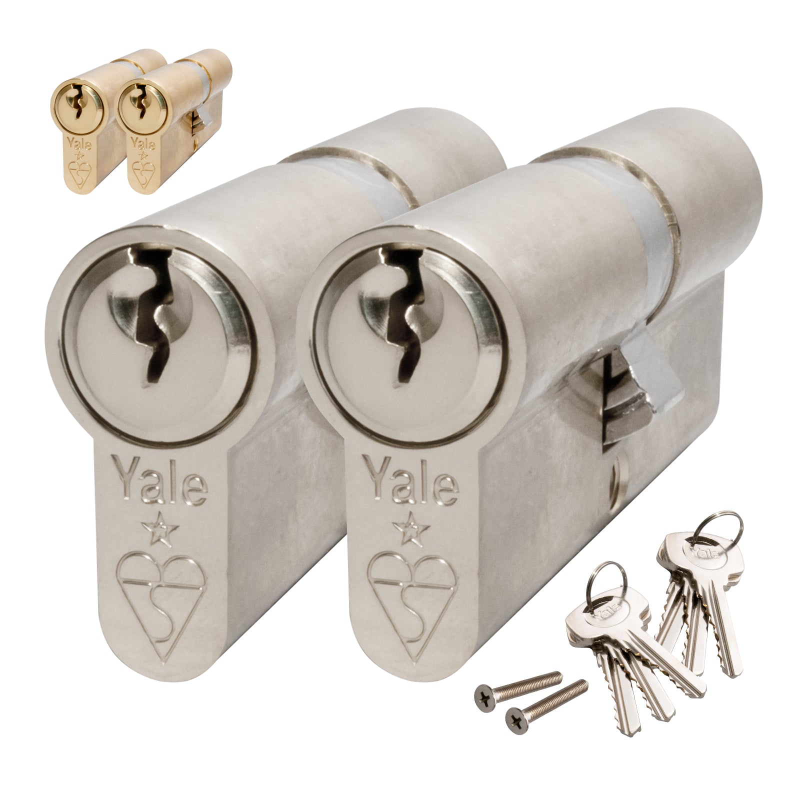 Polished Brass 35/35 (70mm) Pair of Yale Anti-Bump Keyed-Alike Euro Cylinder Door Locks - 35/35 (70mm), Nickel