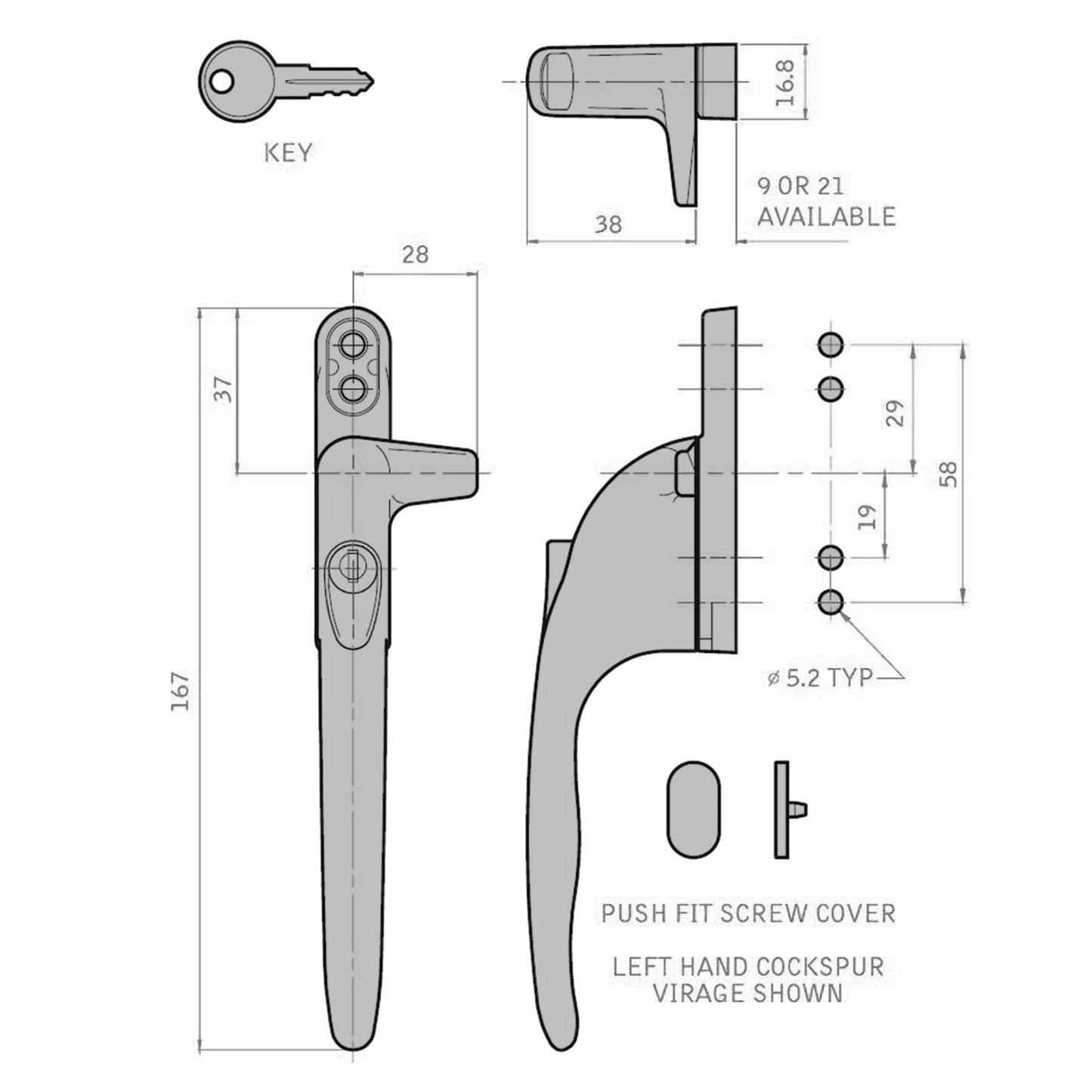 Silver (Anodised) Left 9mm Yale Virage Cockspur Window Handle