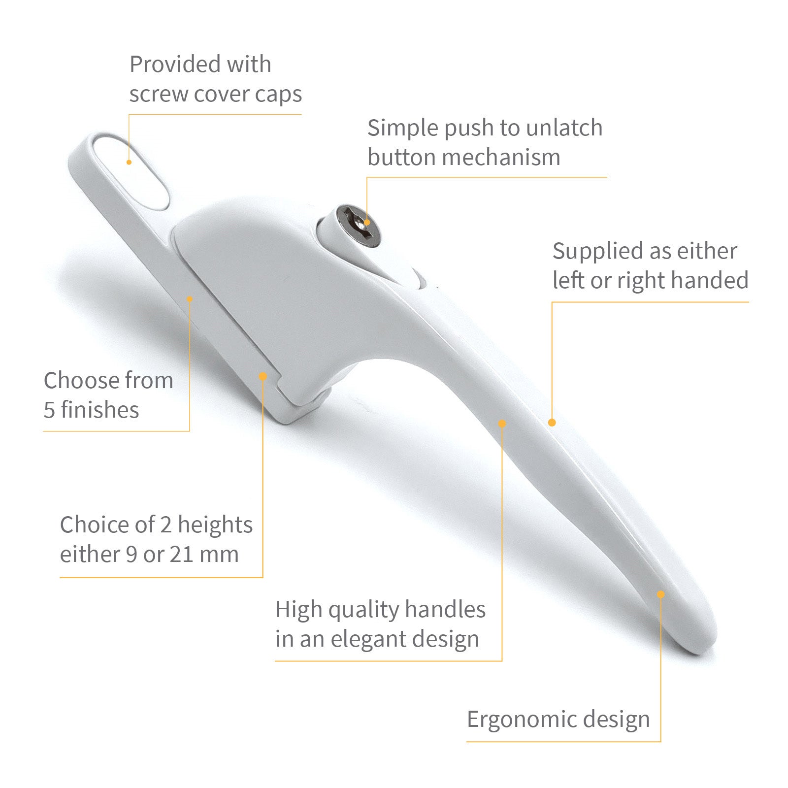 White Right 21mm Yale Virage Cockspur Window Handle